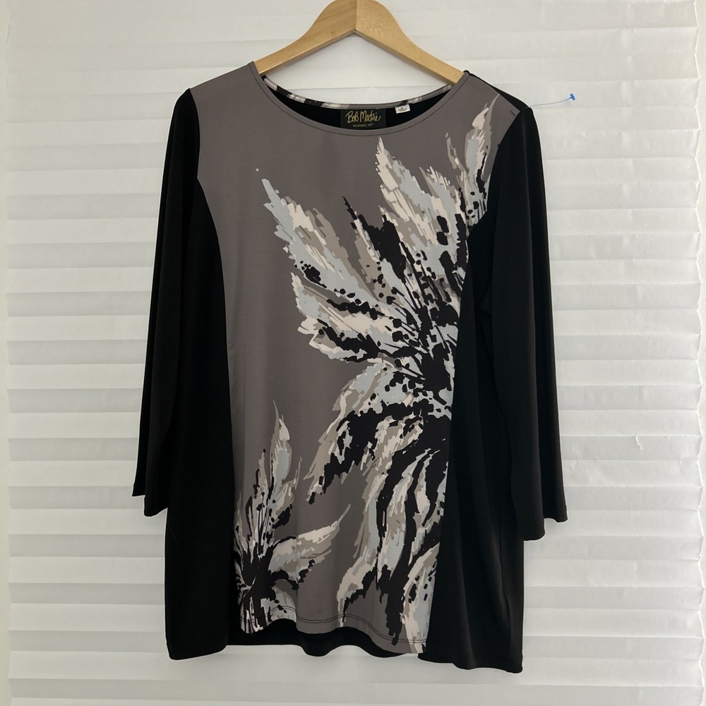 Bob Mackie Tunic Top Womens Size L Scoop Neck 3/4 Sleeve Pullover‎ Floral